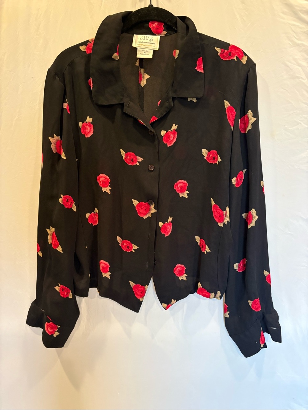 Vintage Silk Black Floral Button-Up Top with Red Roses by Field Manor